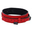 A red heart charm collar and chain leash with an adjustable collar buckle in black metal.