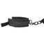 A black velvet handcuff with velcro and black metal hook closures.