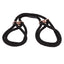 Black looped rope handcuffs with rose gold sliding keepers lays on a white backdrop.  