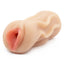 A realistic pink-lipped pussy stroker with a ribbed texture sits against a white backdrop. 
