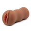 A realistic pink-lipped ebony pussy stroker with a ribbed texture sits against a white backdrop.