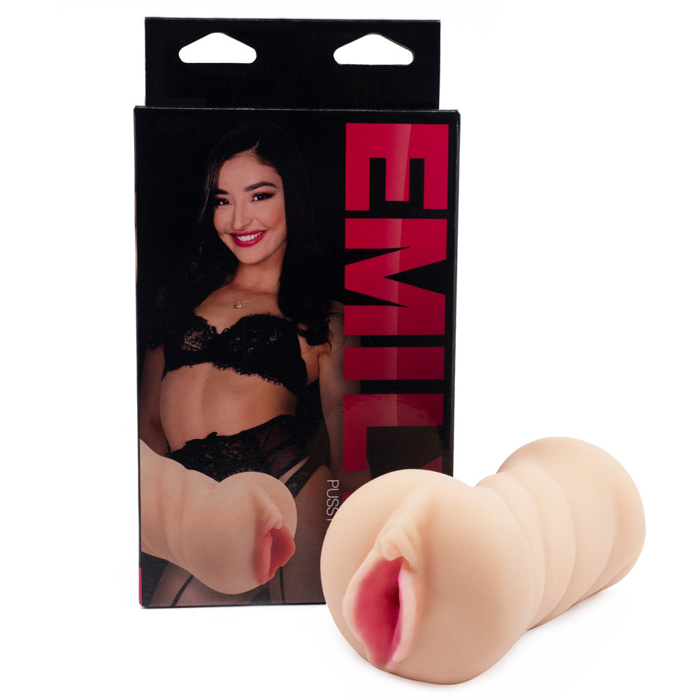 A realistic ribbed pussy stroker sits next to its box featuring Argentinian porn star Emily Willis.