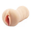 A realistic pink-lipped pussy stroker with a ribbed texture sits against a white backdrop.