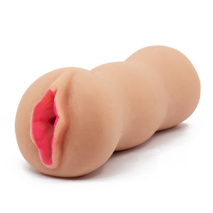 A realistic pink-lipped pussy stroker with a ribbed texture sits against a white backdrop.