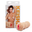 A realistic ribbed pussy stroker sits next to its box featuring brunette porn star Keisha Grey.