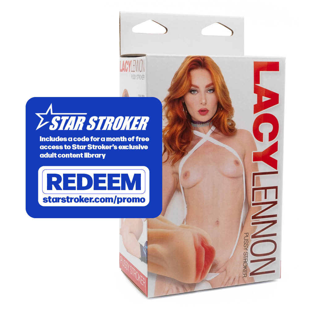 A promo code giving access to Star Stroker's porn library sits next to a pussy stroker box featuring Lacy Lennon. 