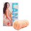 A realistic ribbed pussy stroker sits next to its box featuring brunette porn star Lana Rhodes. 