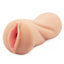 A realistic pink-lipped pussy stroker with a ribbed texture sits against a white backdrop.