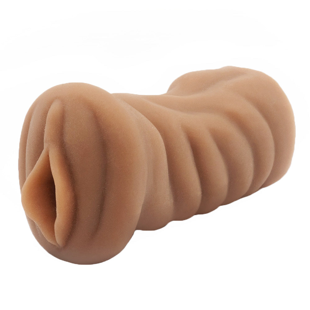A realistic brown-lipped pussy stroker with a ribbed texture sits against a white backdrop.