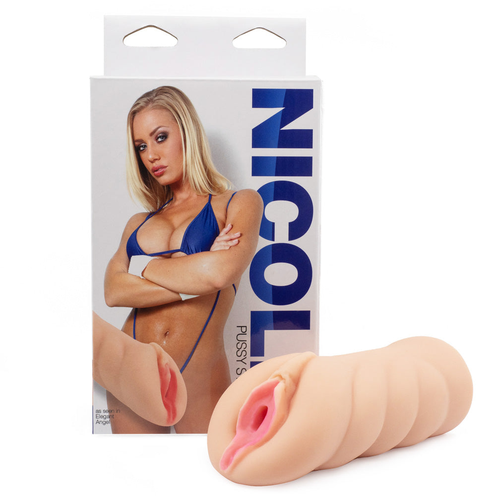 A realistic ribbed pussy stroker sits next to its box featuring blonde porn star Nicole Aniston. 