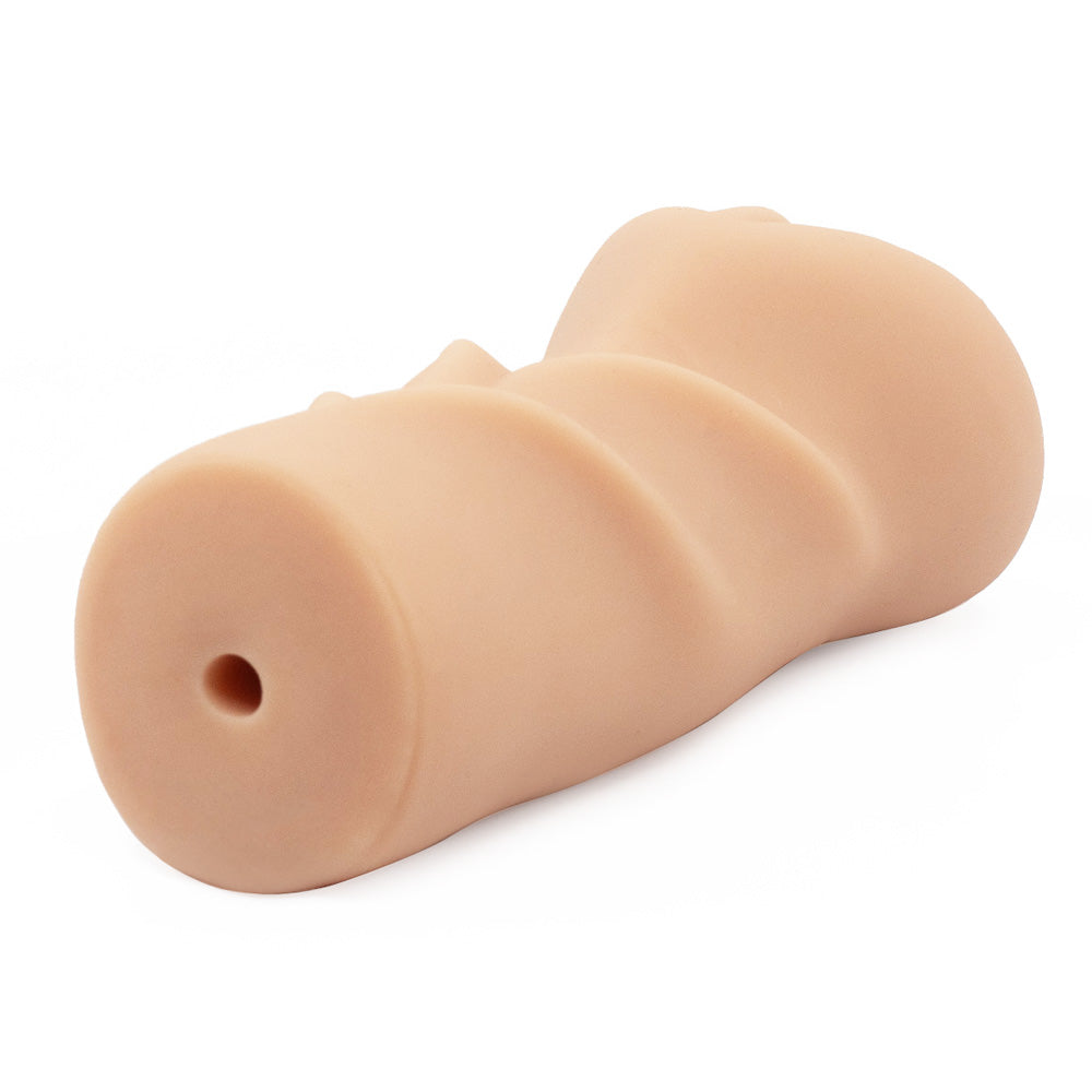 A back view of a realistic pussy stroker with a ribbed texture shows the air hole, which sits against a white backdrop.