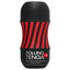 A Tenga Gyro Rolling Cup disposable vacuum masturbator in a striped black and red case sits against a white background.