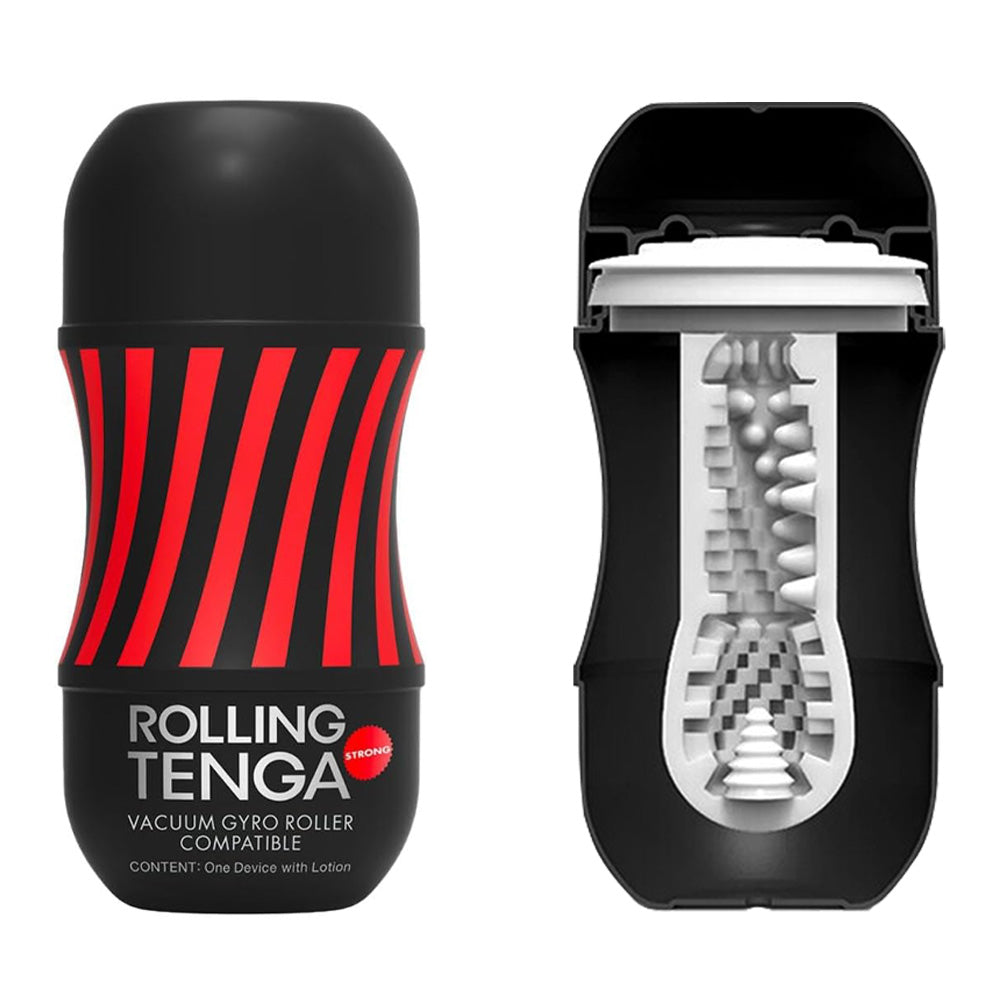 A cross-section of Tenga's Gyro Rolling Cup disposable masturbator shows the internal texture of ridges and pleasure nodes.