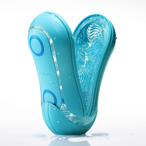 An ocean blue Tenga masturbator that flips open with a series of textured orbs inside with a wavy texture.  