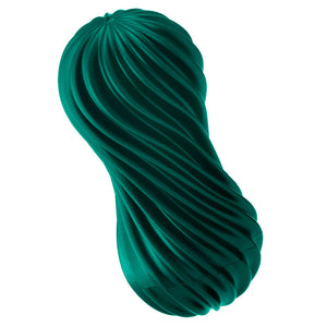 A green Tenga suction masturbator featuring a malleable spiral-ribbed casing that unwinds sits against a white backdrop. 