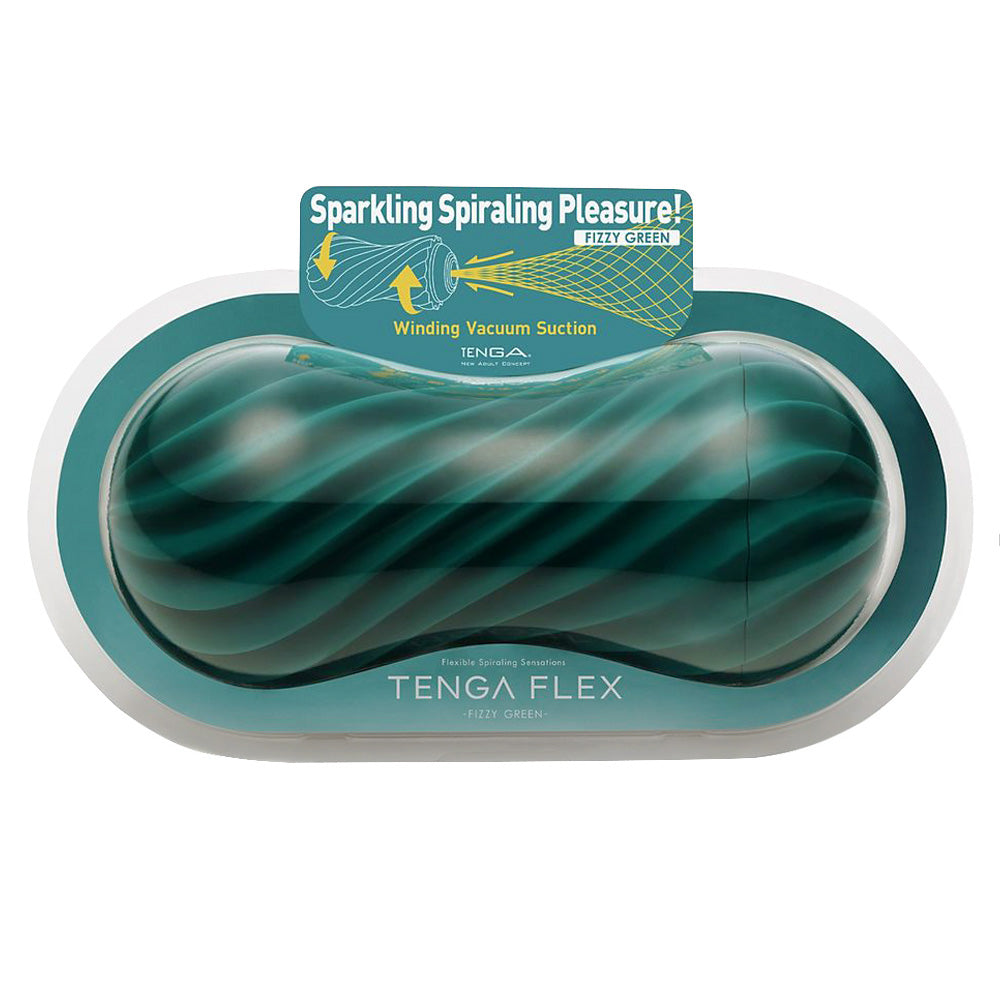 The Fizzy Green Tenga Flex suction masturbator sits against a white backdrop in its clear, plastic peanut-shaped packaging.