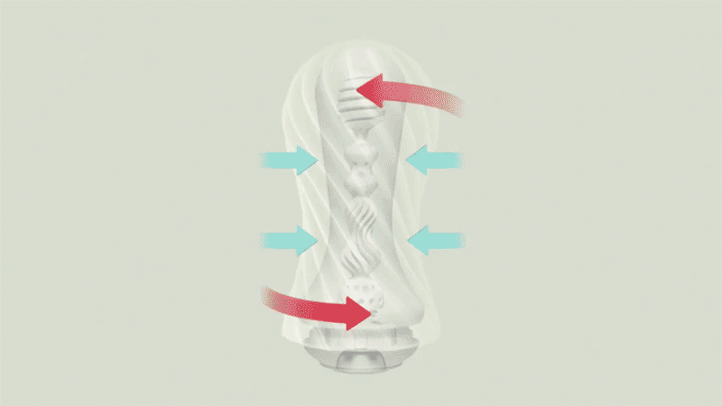 A GIF shows the Tenga Flex spiral-ribbed masturbator sleeve tightening and unwinding as it strokes up and down a clear pole.