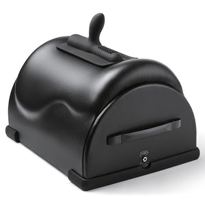 A black sex machine in an ergonomic saddle design with black protruding attachment on top.  