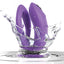 A We-Vibe Sync O secure fit couples vibrator in purple is shown splashed in water to showcase its waterproof.