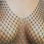 Close up detail of rhinestone crochet midi net dress on mannequin.