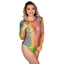 A model wears a rainbow long sleeve rhinestone crochet top against a white backdrop.