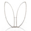 Close up of diamanté rabbit ears as part of silver metal headband lying flat on a white backdrop.