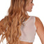 Back shot of a model wearing a white sheer mesh sleeveless crop top.