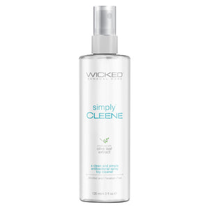 White bottle with an easy-to-use spray top of antibacterial sex toy cleaner by the brand Wicked Sensual Care.