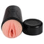 A moaning and vibrating vagina masturbator sits inside a black hard case with a removable cap.