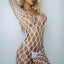 A model wears a holey net 3/4 sleeve crotchless bodystocking in white made with hosiery material. 