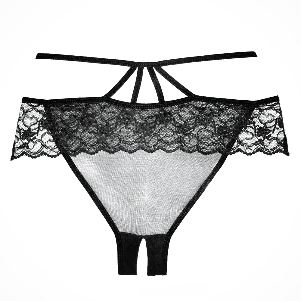 Allure Adore Angel Strappy Crotchless Lace & Mesh Panty has a strappy waistband detail in the rear, scalloped lace & an open crotch for more fun. (4)