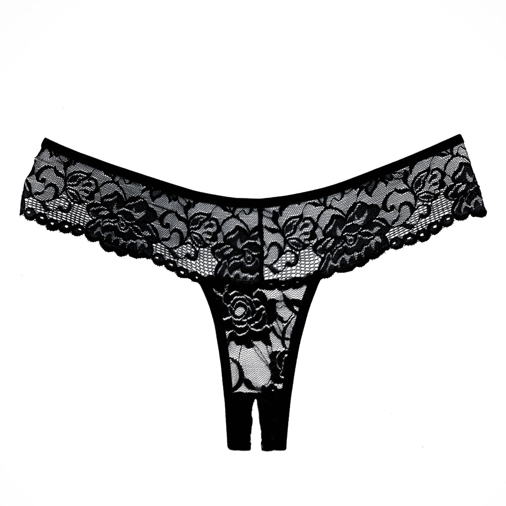  Allure Adore Chiqui Love Crotchless Lace Thong is made entirely from soft red floral lace, with a cheeky thong back & hip-hugging cut that emphasises your rear assets. Black. (3)
