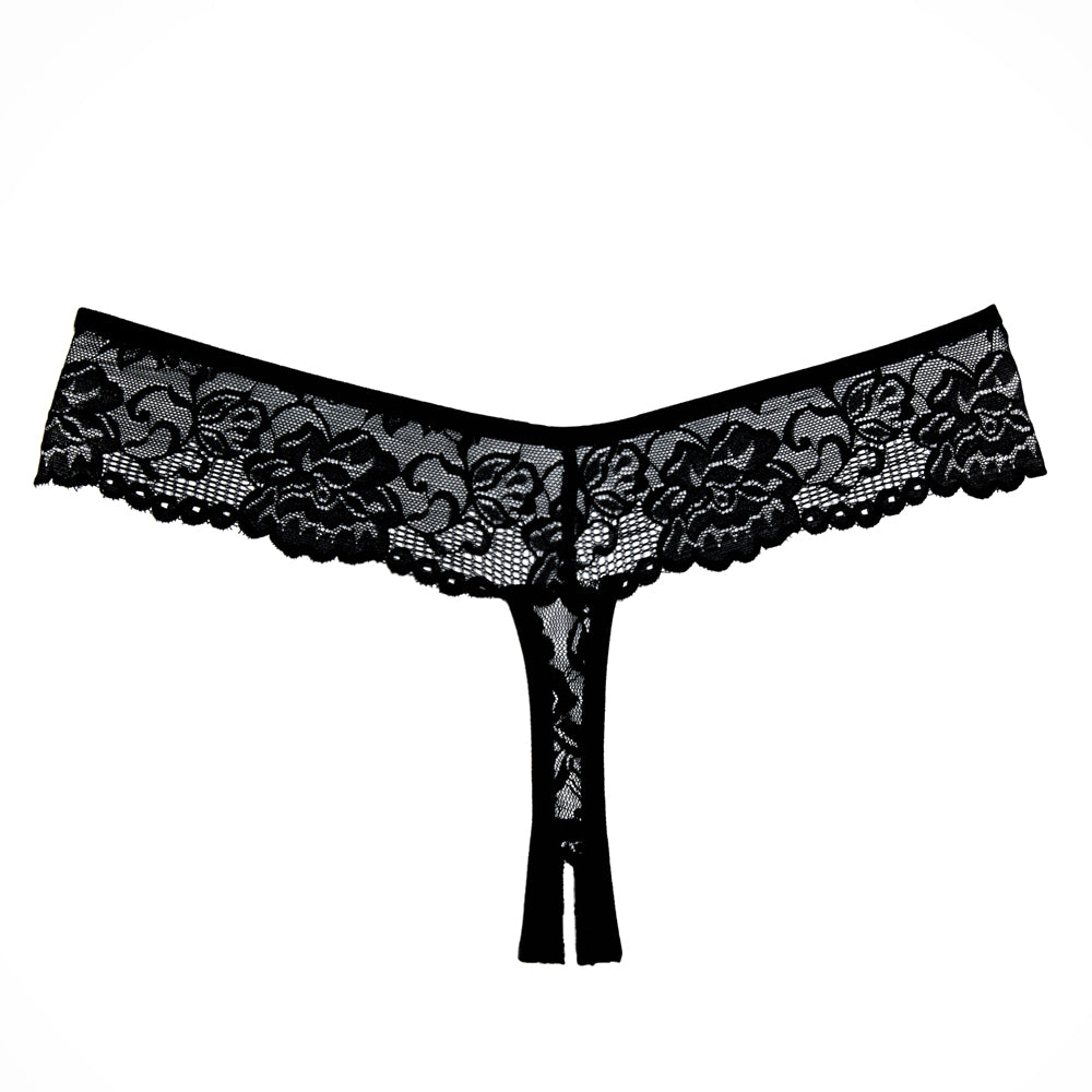  Allure Adore Chiqui Love Crotchless Lace Thong is made entirely from soft red floral lace, with a cheeky thong back & hip-hugging cut that emphasises your rear assets. Black. (4)