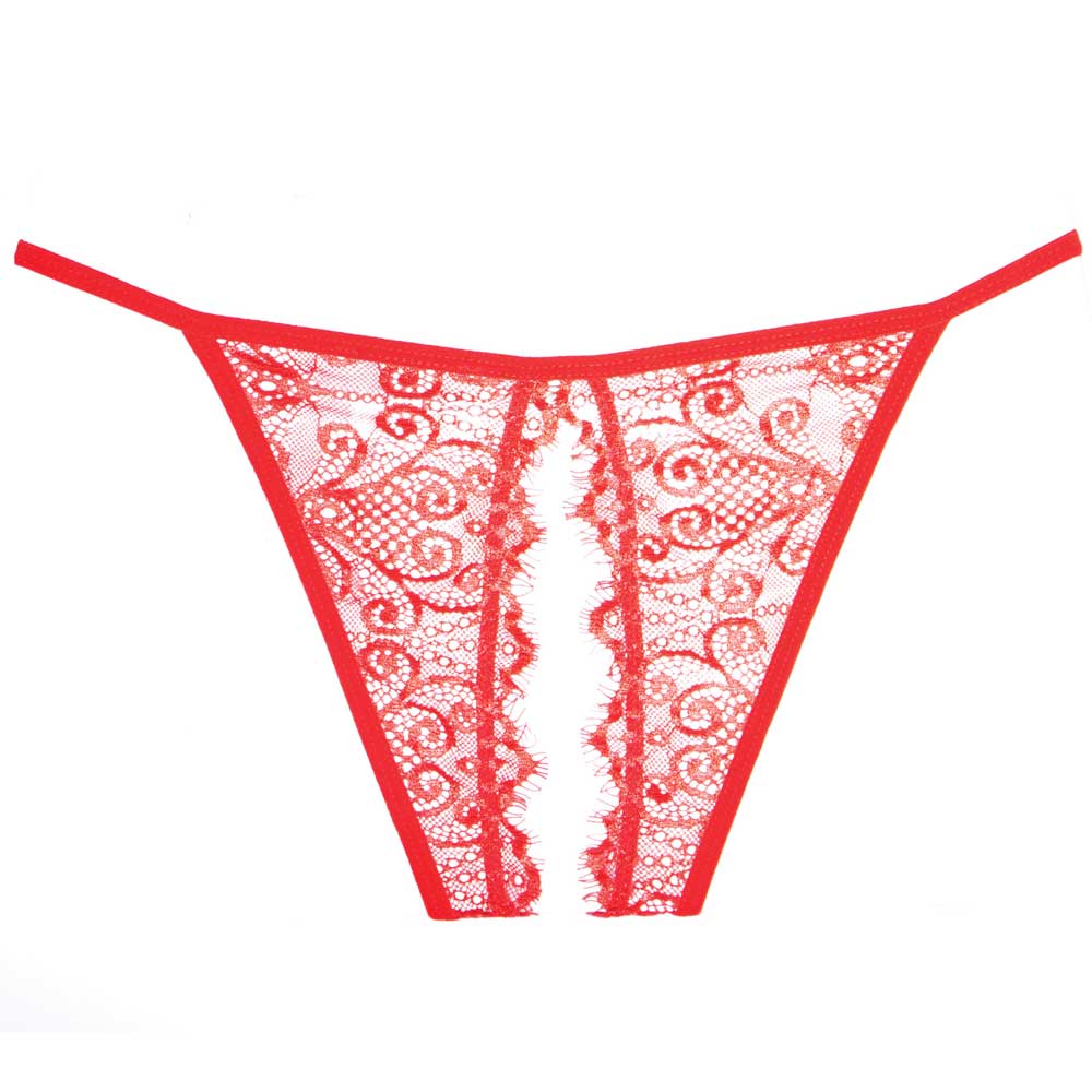 Allure Adore Enchanted Belle Rear Cutout Lace Panty is made from wispy eyelash lace & features a curtain-like cutout to reveal your rear assets. Red. (3)