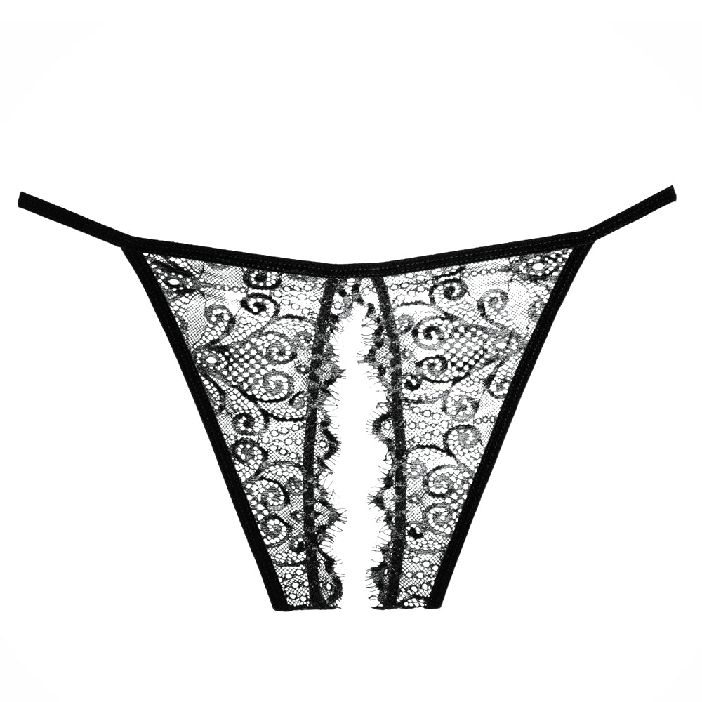Allure Adore Enchanted Belle Rear Cutout Lace Panty is made from wispy eyelash lace & features a curtain-like cutout to reveal your rear assets. Black. (3)