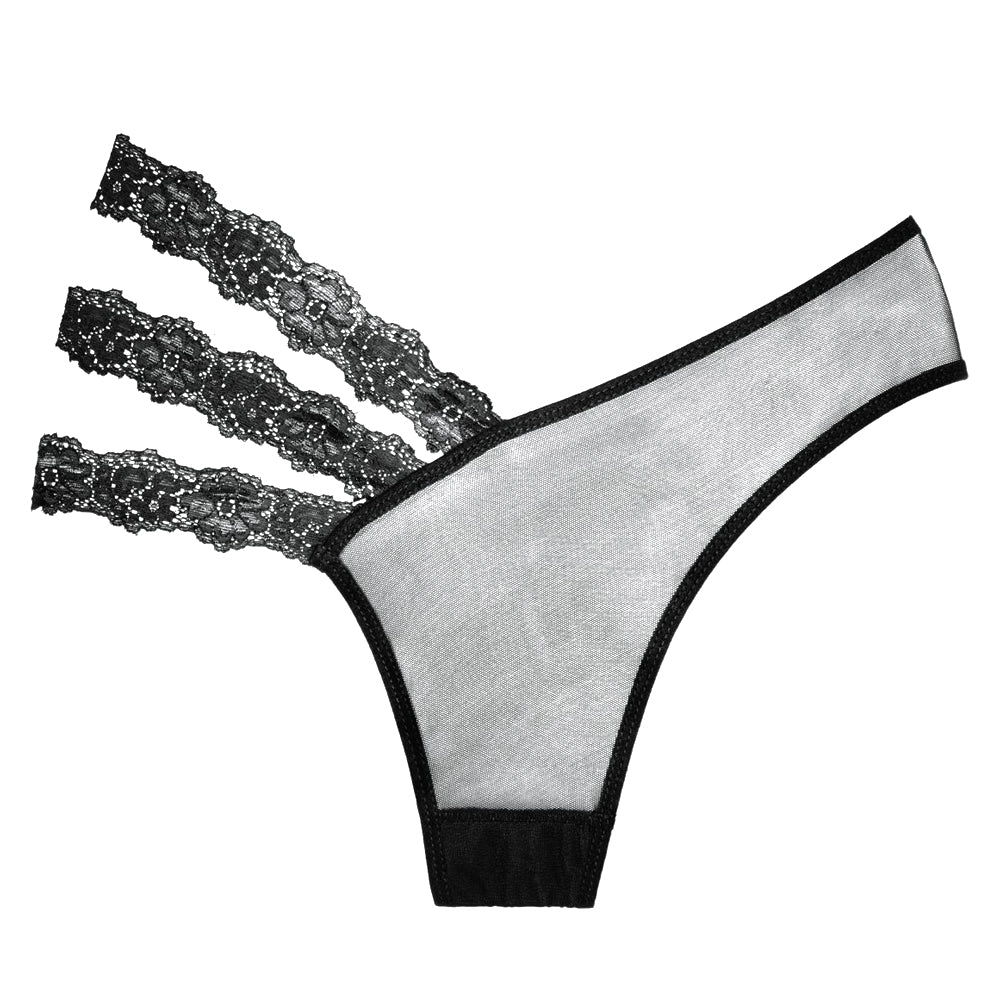 These sexy panties feature an asymmetrical design, with a trio of scalloped floral lace bands adorning one of your hips for a striking visual effect. Meanwhile, the rest of your intimate assets are covered by sheer mesh that lets your skin peek through, all in a classic bikini-cut design! (4)