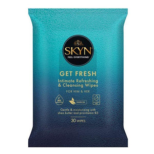 Ansell Skyn Get Fresh Intimate Cleansing Wipes have shea & Provitamin B5 to protect, nourish & clean your skin without rinsing so you can have fun anytime.
