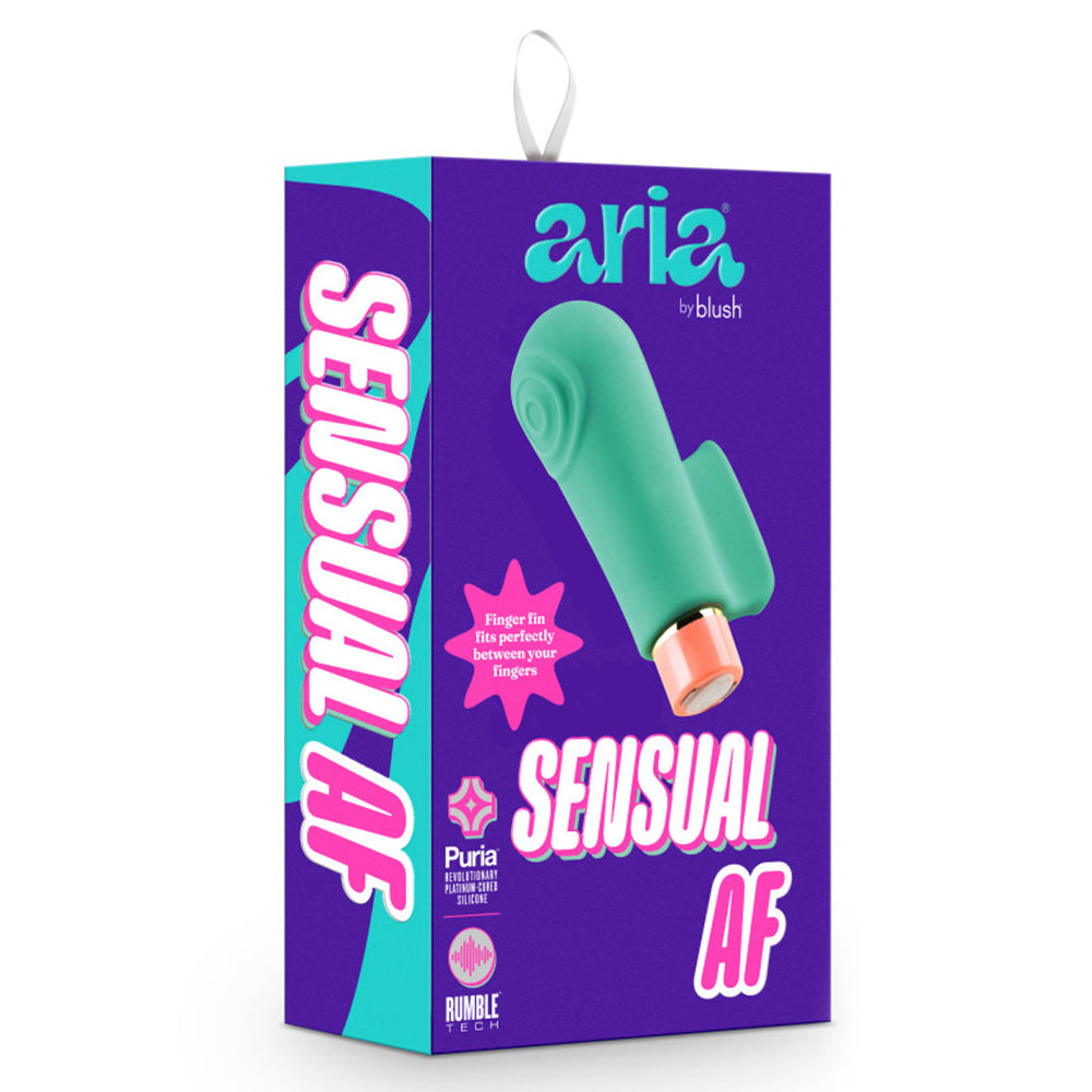 Aria Sensual AF Ergonomic Fin Finger Vibrator has an ergonomic fin to separate your hand from the 10 vibration modes & offers great grip during play. Package.