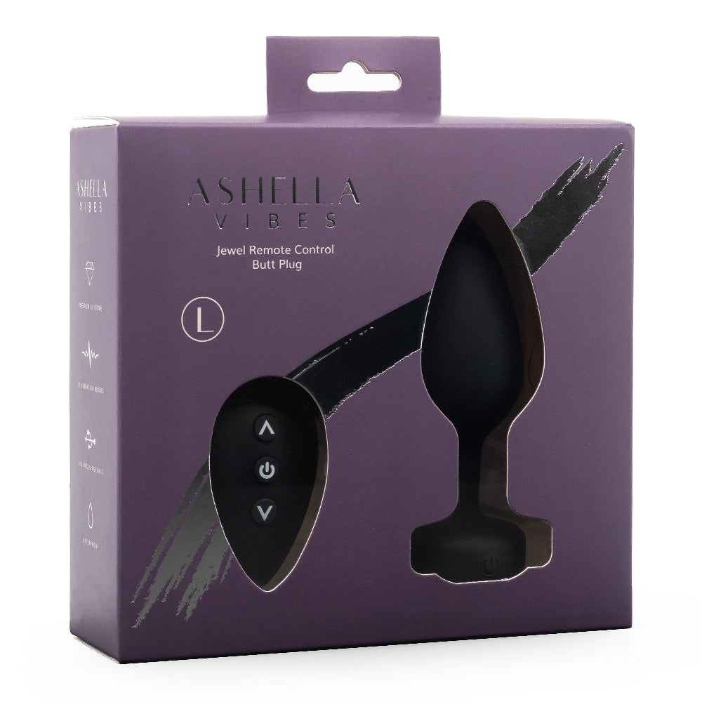  Ashella Vibes Remote Control Vibrating Jewel Butt Plug has a tapered tip + firm neck for easy insertion & has 10 vibration modes you or a partner can control or w/ the remote. Package.