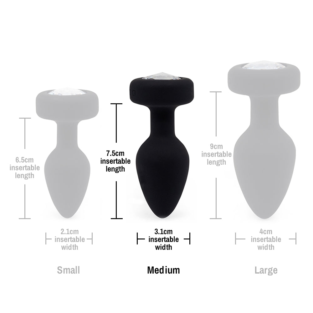 Ashella Vibes Remote Control Vibrating Jewel Butt Plug has a tapered tip + firm neck for easy insertion & has 10 vibration modes you can control onboard or w/ the remote. Size chart. 