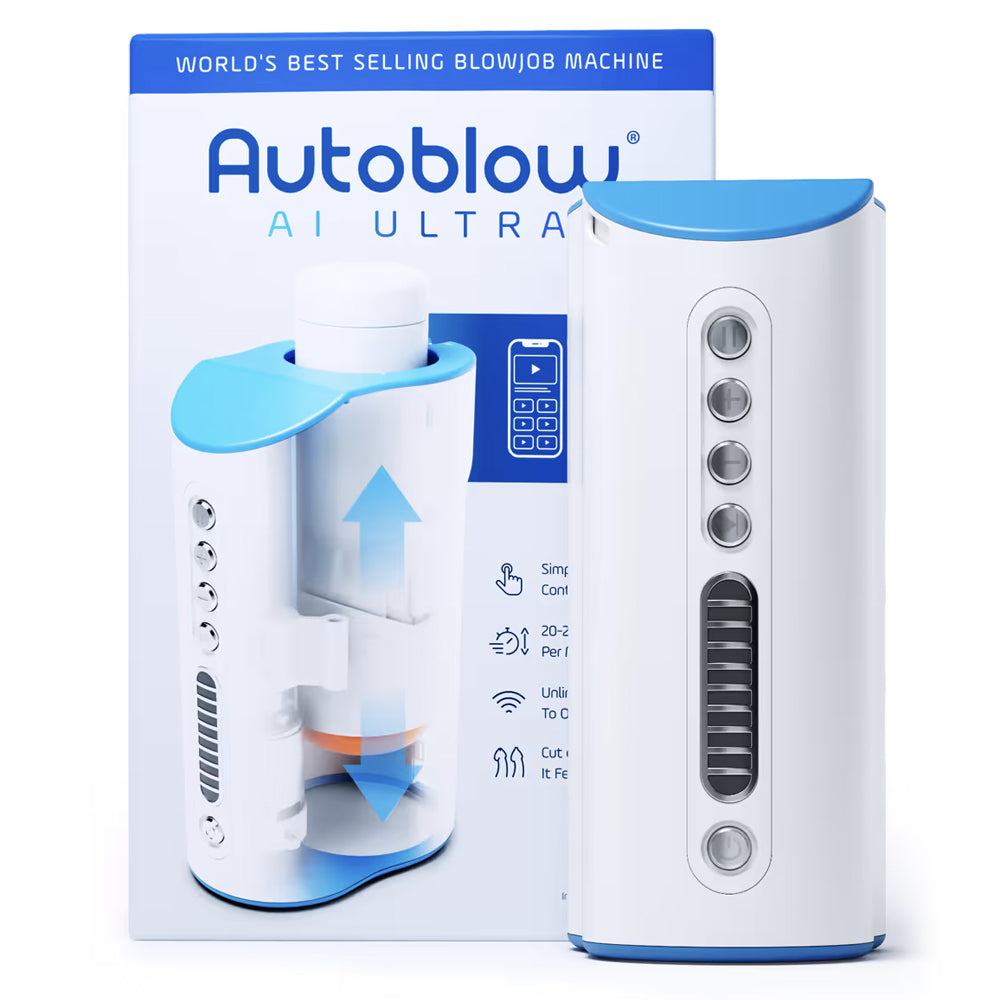 The Autoblow AI Ultra self-stroking masturbator unit stands next to its packaging against a white background.