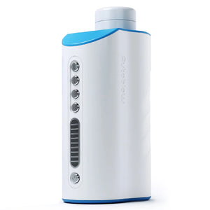 A white and blue auto-stroking masturbator unit with silver control buttons stands against a white background.