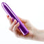 Chroma 7" Rechargeable Metallic Multispeed Straight Vibrator boasts intense multi-speed vibrations in a shiny & sleek metallic body that's compatible w/ all lubricants. Purple. On-hand.