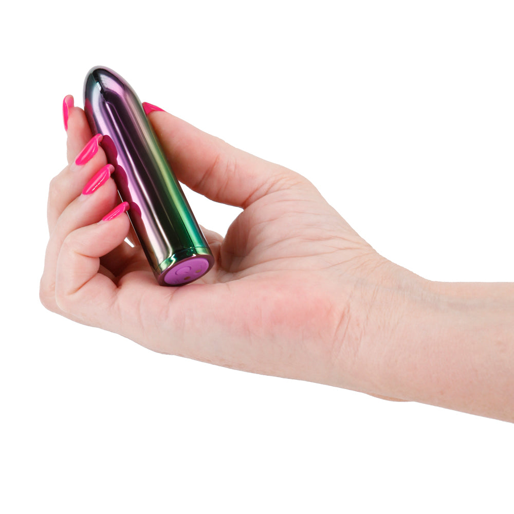 Chroma Petite Rechargeable Metallic Bullet Vibrator has x intense settings in a sleek, shiny metallic body that's compatible w/ all lubricant. Multicolour. On-hand.
