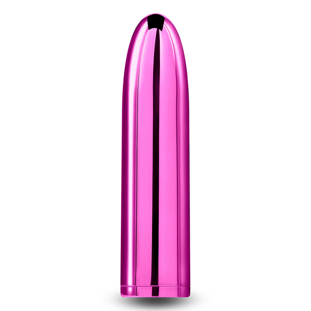 Chroma Petite Rechargeable Metallic Bullet Vibrator has x intense settings in a sleek, shiny metallic body that's compatible w/ all lubricant. Pink.