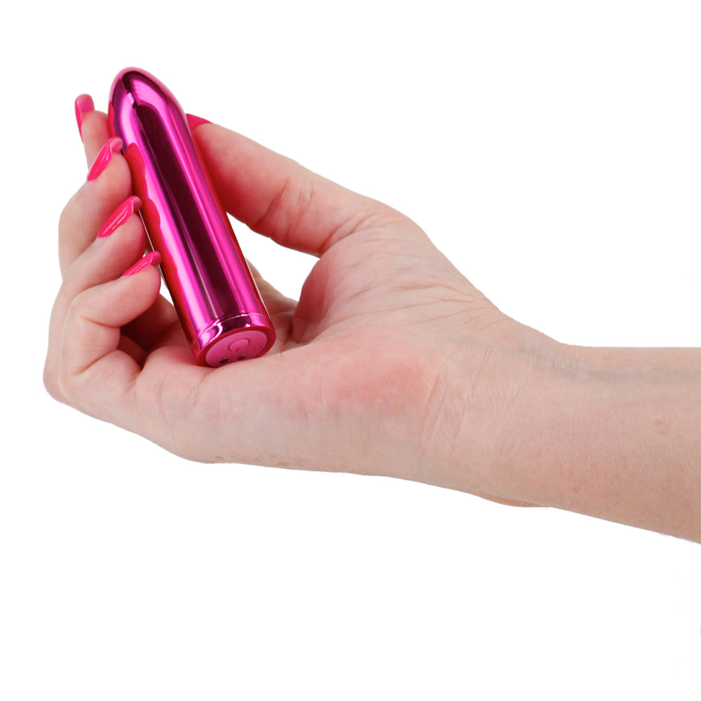 Chroma Petite Rechargeable Metallic Bullet Vibrator has x intense settings in a sleek, shiny metallic body that's compatible w/ all lubricant. Pink. On-hand.