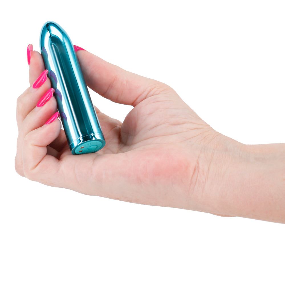 Chroma Petite Rechargeable Metallic Bullet Vibrator has x intense settings in a sleek, shiny metallic body that's compatible w/ all lubricant. Blue. On-hand.