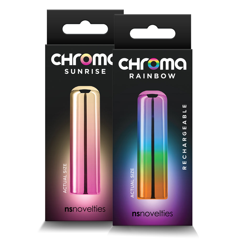 Chroma Rechargeable Metallic Bullet Vibrator x vibration settings in a squared-off metallic body for broad external stimulation. Packages.