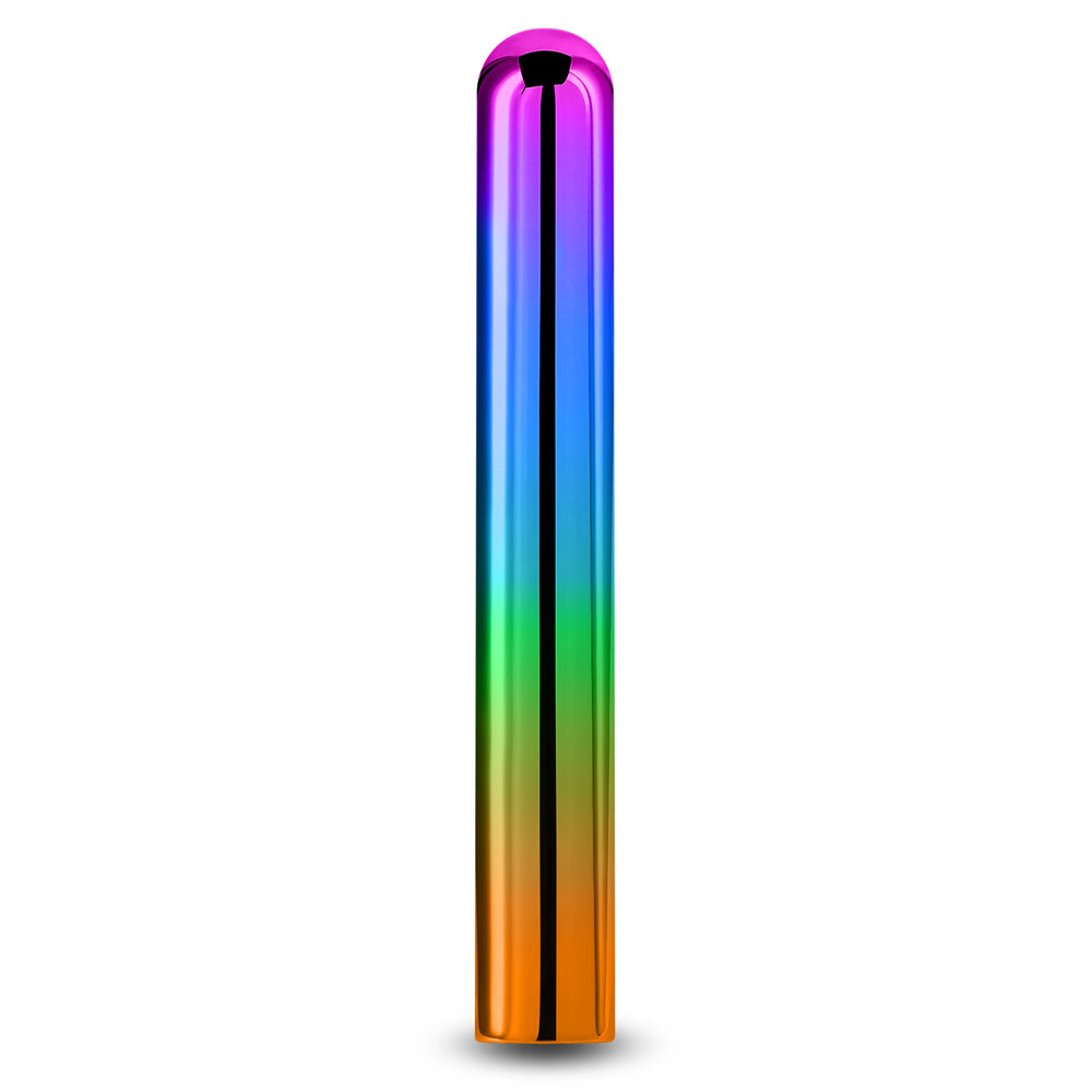 Chroma Rechargeable Metallic Straight Vibrator has a gorgeous metallic gradient that's compatible w/ all lubricant types & vibrates in x modes. Rainbow. 