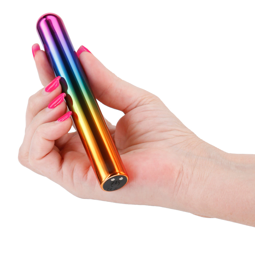 Chroma Rechargeable Metallic Straight Vibrator has a gorgeous metallic gradient that's compatible w/ all lubricant types & vibrates in x modes. Rainbow. On-hand.